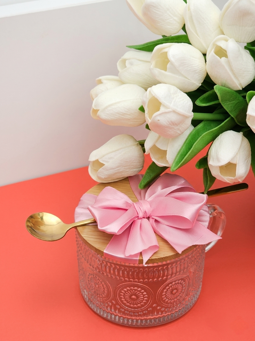 Glass Jar with Gold Spoon & Floral Touch ✨